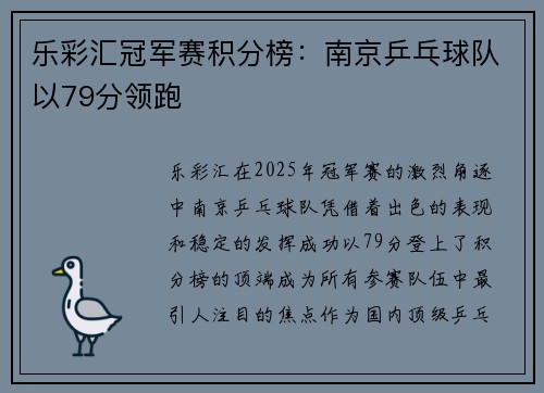乐彩汇冠军赛积分榜：南京乒乓球队以79分领跑