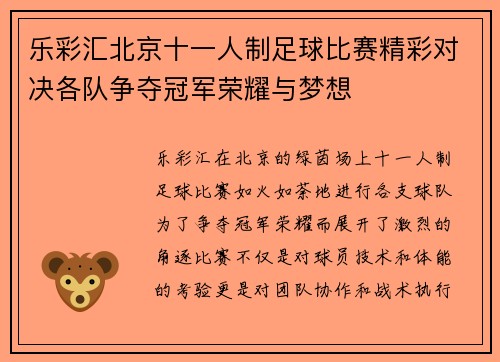 乐彩汇北京十一人制足球比赛精彩对决各队争夺冠军荣耀与梦想